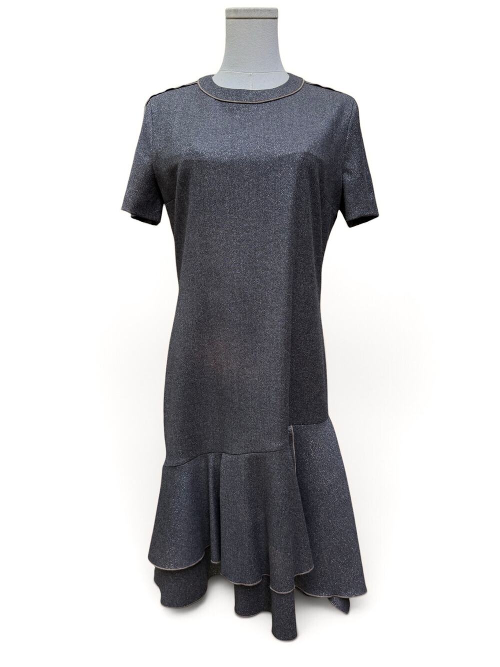 Brunello Cucinelli Metallic Virgin Wool Monili Shoulder Flounce Dress Size M